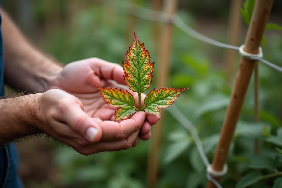 Mains de jardinier tenant une tige de tomate avec une feuille brûlée aux bords desséchés et une feuille verte saine en comparaison
