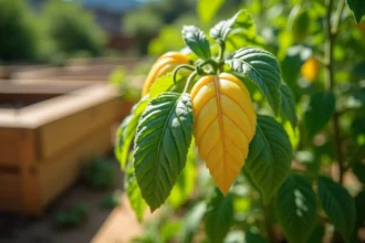 Feuilles de tomates jaunissantes sur plant de jardin, comparaison entre feuillage sain et feuilles à chlorose jaune