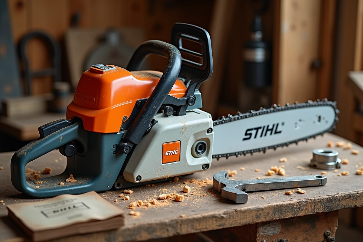Fiche technique de la tronçonneuse STIHL MS 211 posée sur un établi d'atelier avec outils de mesure