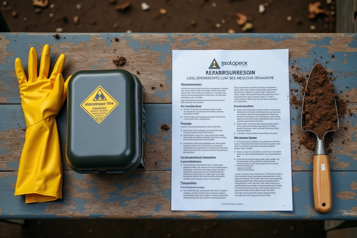 Vue de dessus d'un plan de travail avec conteneur sécurisé, gants de protection et fiche réglementaire sur les produits interdits au jardin