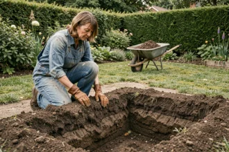 Jardiniére creusant une fosse de plantation pour un rhododendron dans un jardin verdoyant