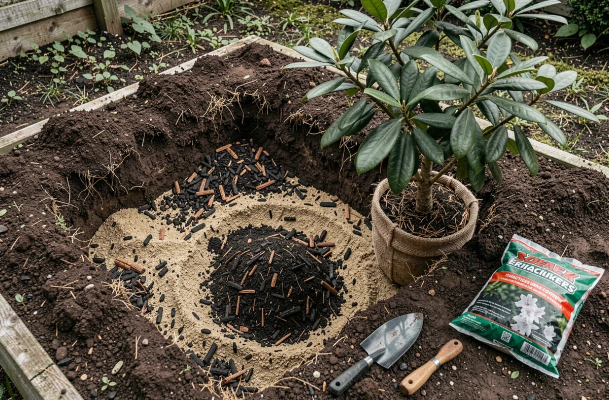 Fosse de plantation préparée avec terreau acide et rhododendron prêt à être mis en terre