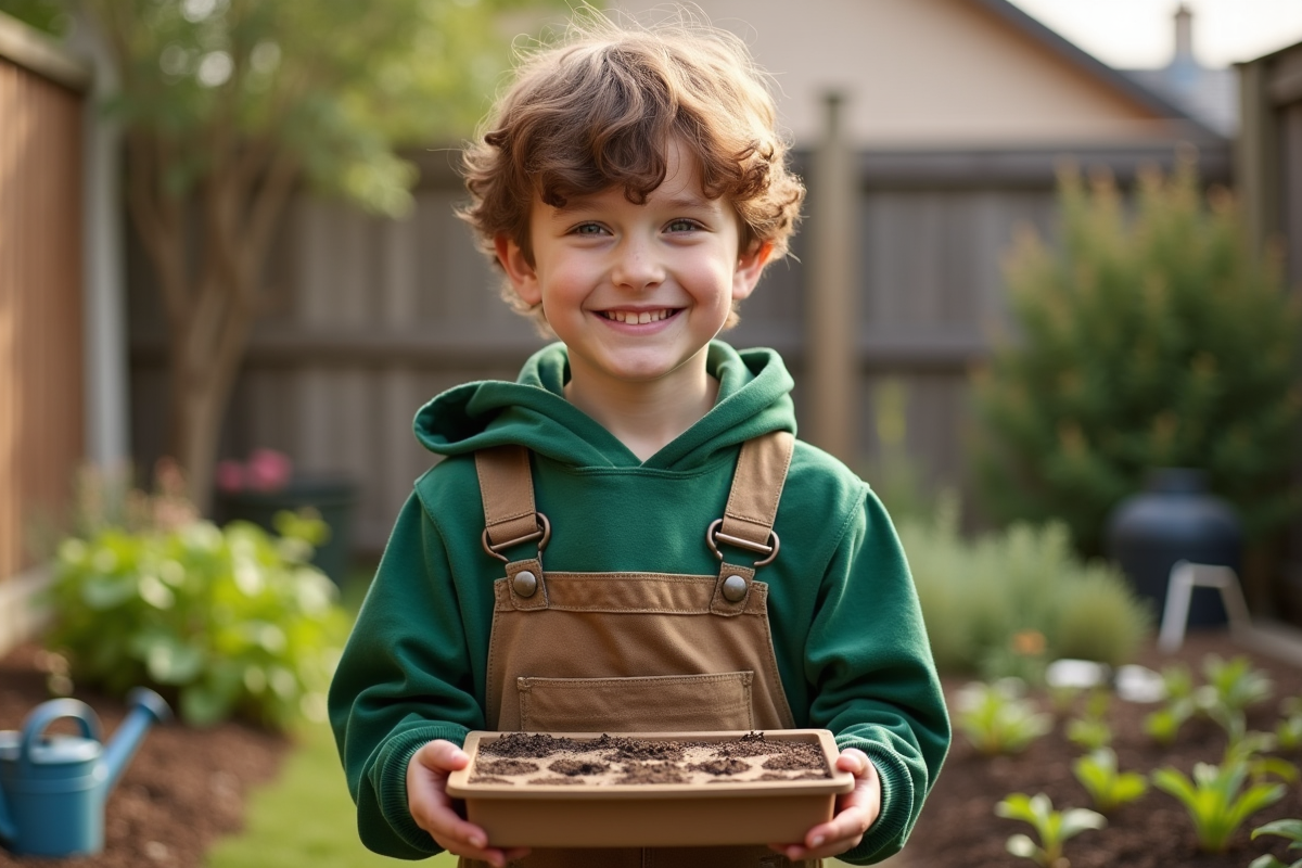 Jeune garçon avec un tray de graines dans un jardin familial