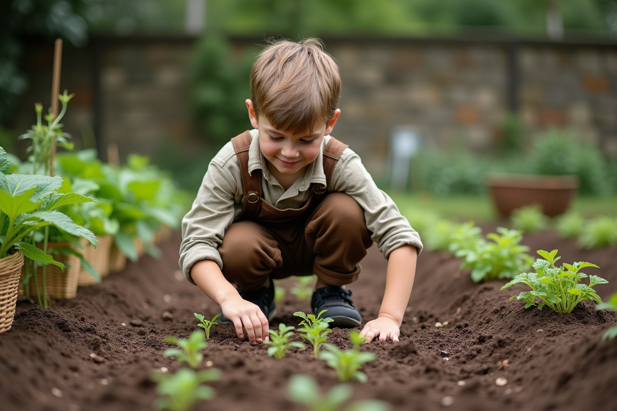Jeune garçon semant des graines dans un jardin verdoyant
