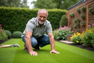 Gazon synthétique dans un jardin verdoyant et bien entretenu