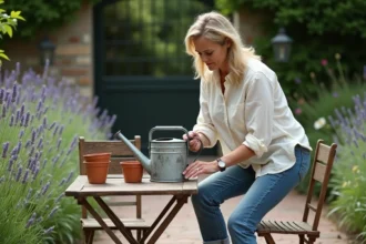 Jardin décoratif avec éléments vintage et plantes luxuriantes