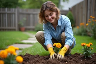 Jardin bien aménagé avec potager et décoration florale