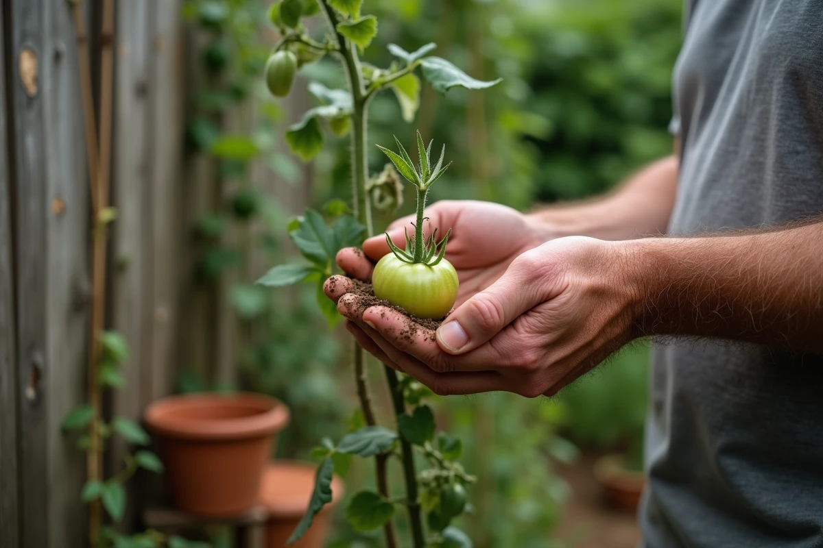 Gros plan de mains masculines tenant un gourmand de tomate retiré d'un plant au potager