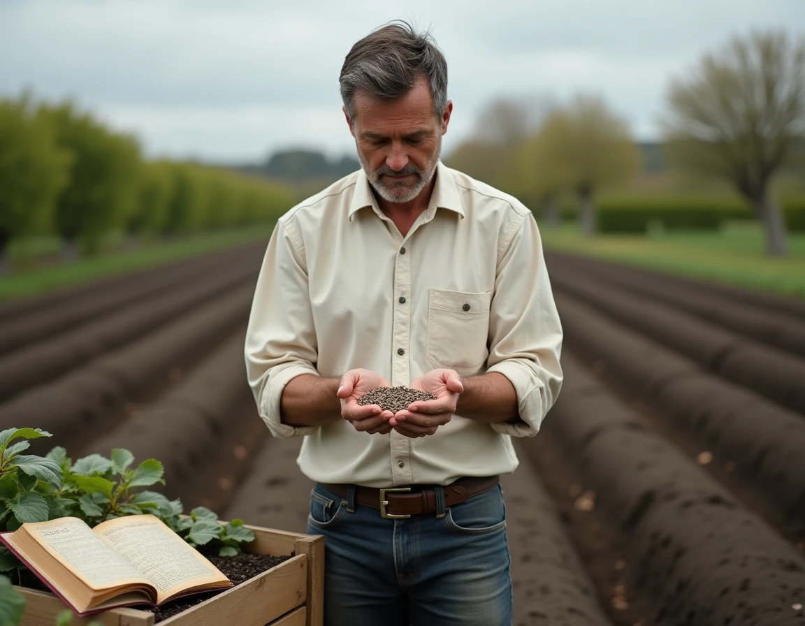 Jardinier tenant des graines de haricots dans ses mains avant un semis selon le calendrier lunaire