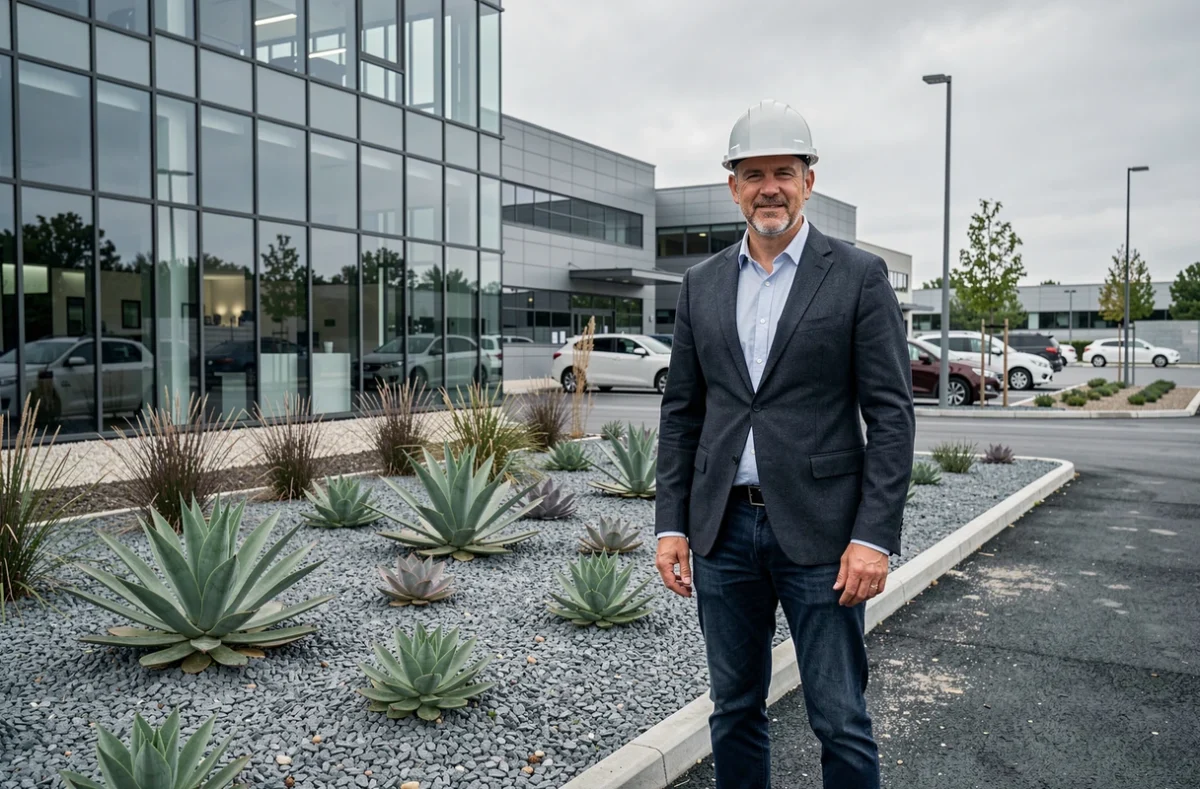 Chef de projet de Green Prospect supervisant un aménagement paysager durable sur un campus d'entreprise en périphérie de Lyon