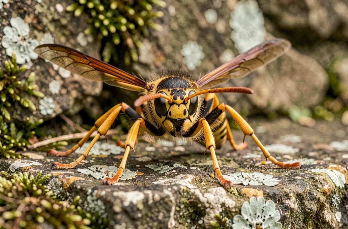 Gros plan réaliste d'un frelon asiatique posé sur un mur de pierre recouvert de mousse dans un jardin