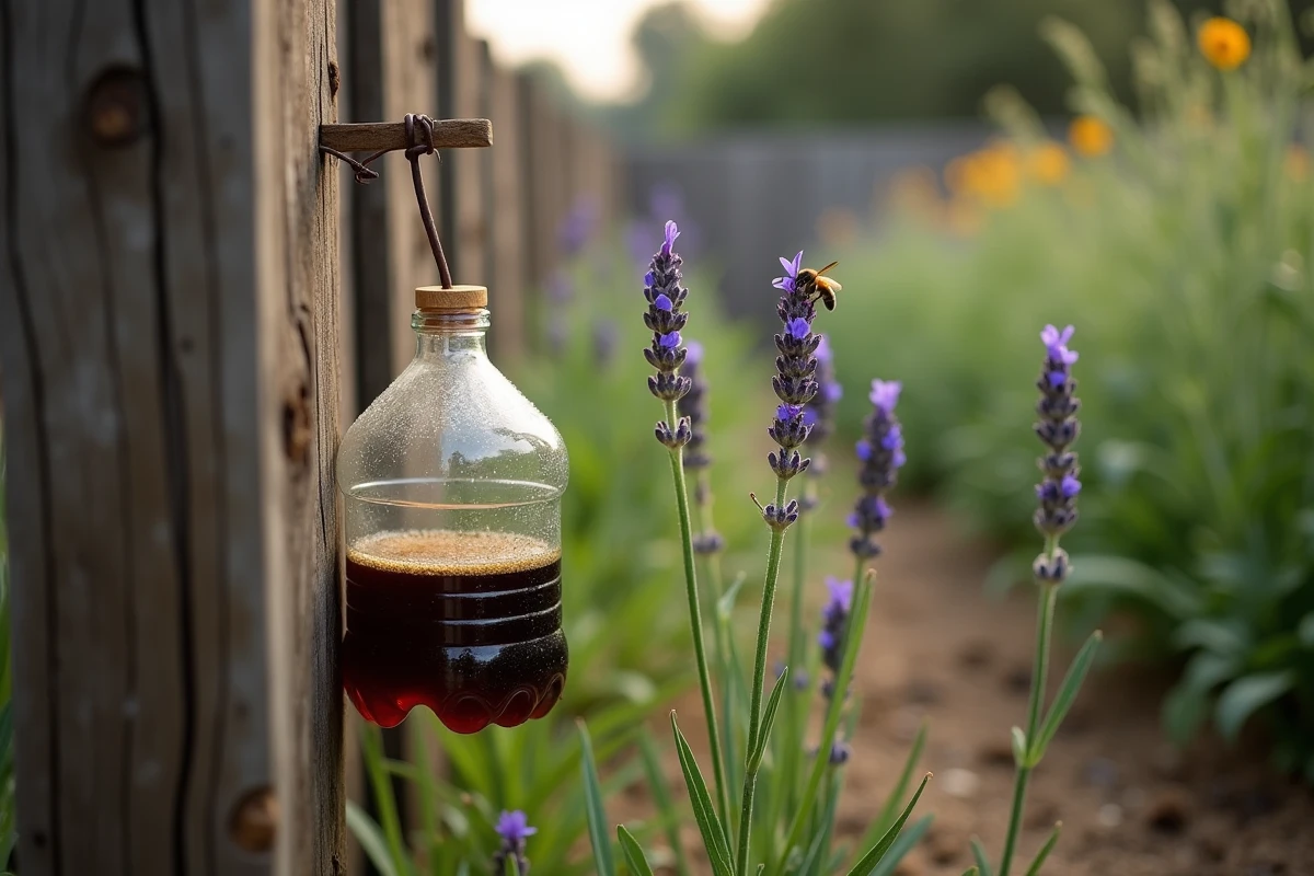 Gros plan sur un piège à frelon asiatique artisanal en bouteille plastique avec appât liquide dans un jardin