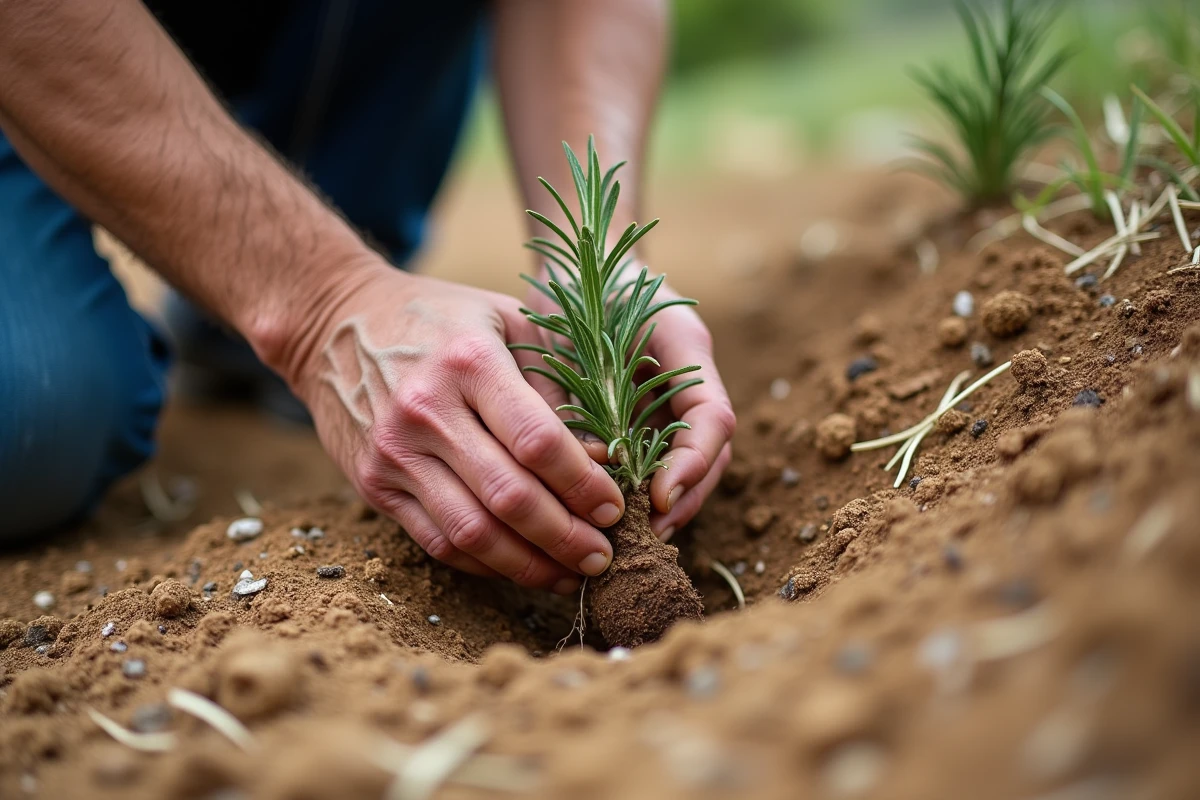 Gros plan sur des mains plantant un romarin dans un sol sec et pierreux sur un talus ensoleillé