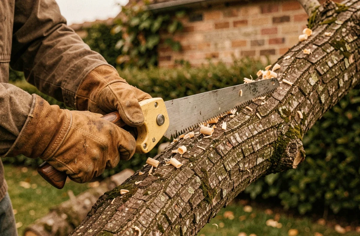 Gros plan sur les mains gantées d'un élagueur utilisant une scie professionnelle sur une branche d'arbre