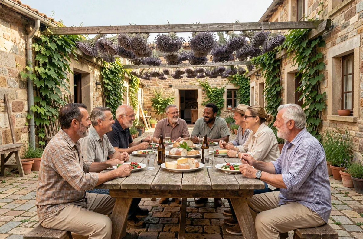 Un groupe d'agriculteurs réunis autour d'une table partagée dans une cour de ferme provençale, symbolisant la solidarité et la lutte contre l'isolement agricole avec Agriconvivial