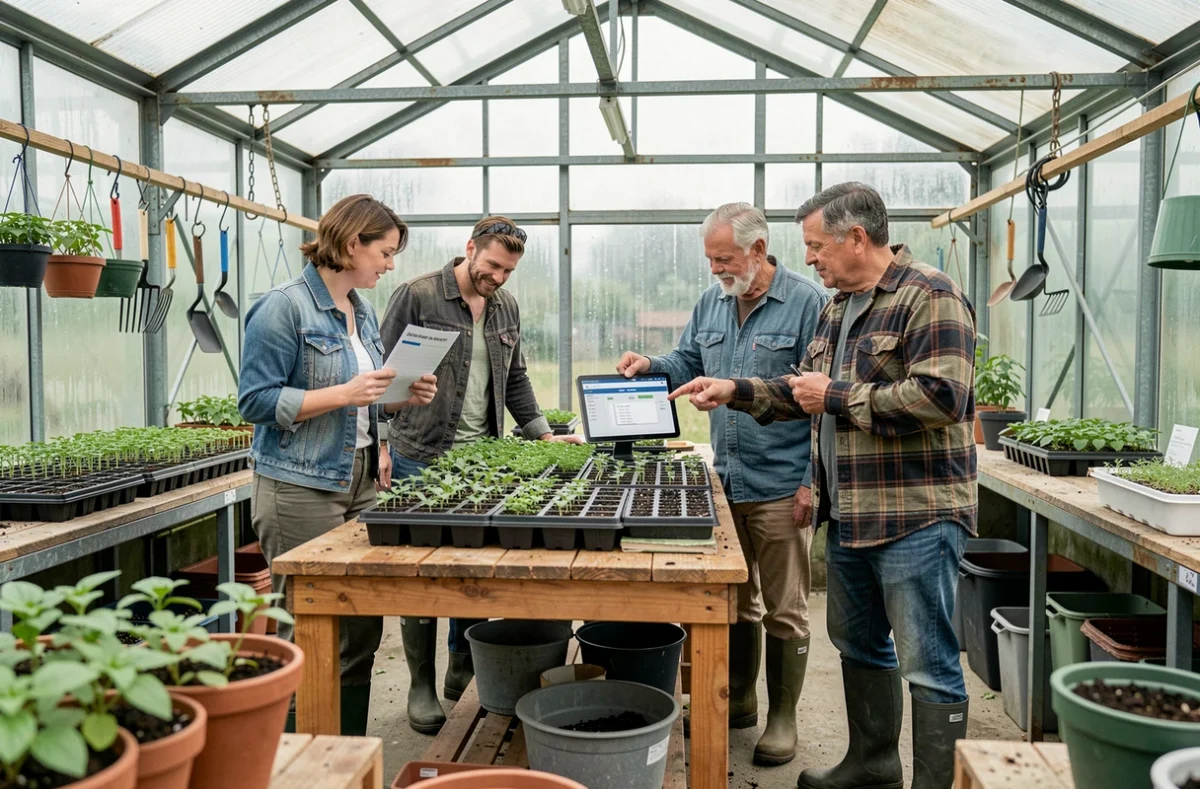 Groupe d'adultes planifiant des ateliers jardinage dans une serre avec une tablette et des fiches imprimées