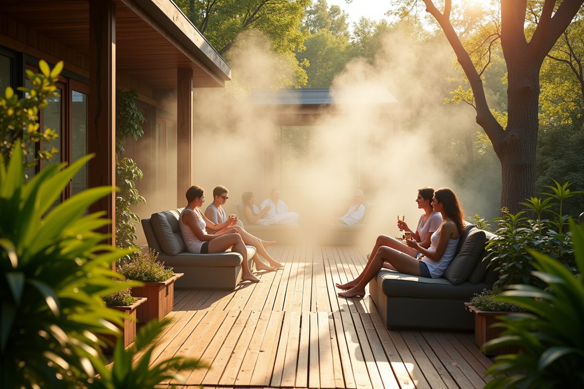 Groupe de personnes relaxant sur un patio avec brumisation