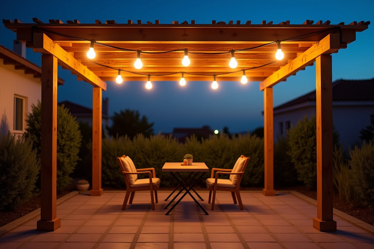 Guirlande de boules LED extérieures suspendues sous une pergola en bois sur une terrasse résidentielle, illustrant le rendu colorimétrique et la puissance des ampoules LED pour l'éclairage extérieur