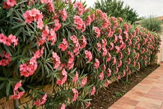 Haie de lauriers roses en pleine floraison plantés en pleine terre le long d'un mur de pierre dans un jardin méditerranéen