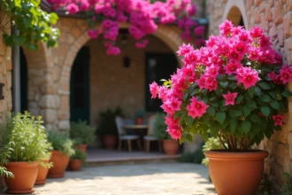 Bougainvillier en pot sur une terrasse méditerranéenne ensoleillée avec des fleurs magenta cascadant sur un mur en pierre