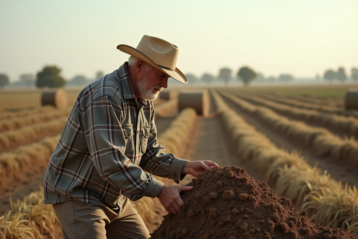 Homme âgé étalant du compost dans un champ rural