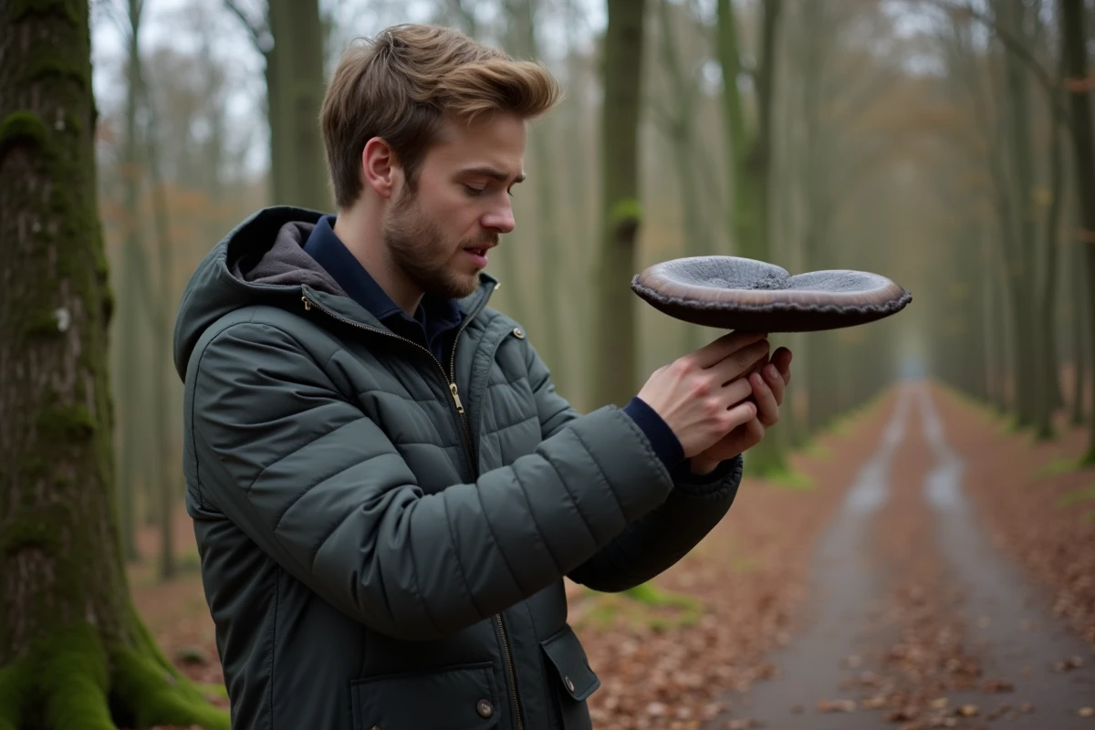 Jeune homme examinant un champignon dans la forêt