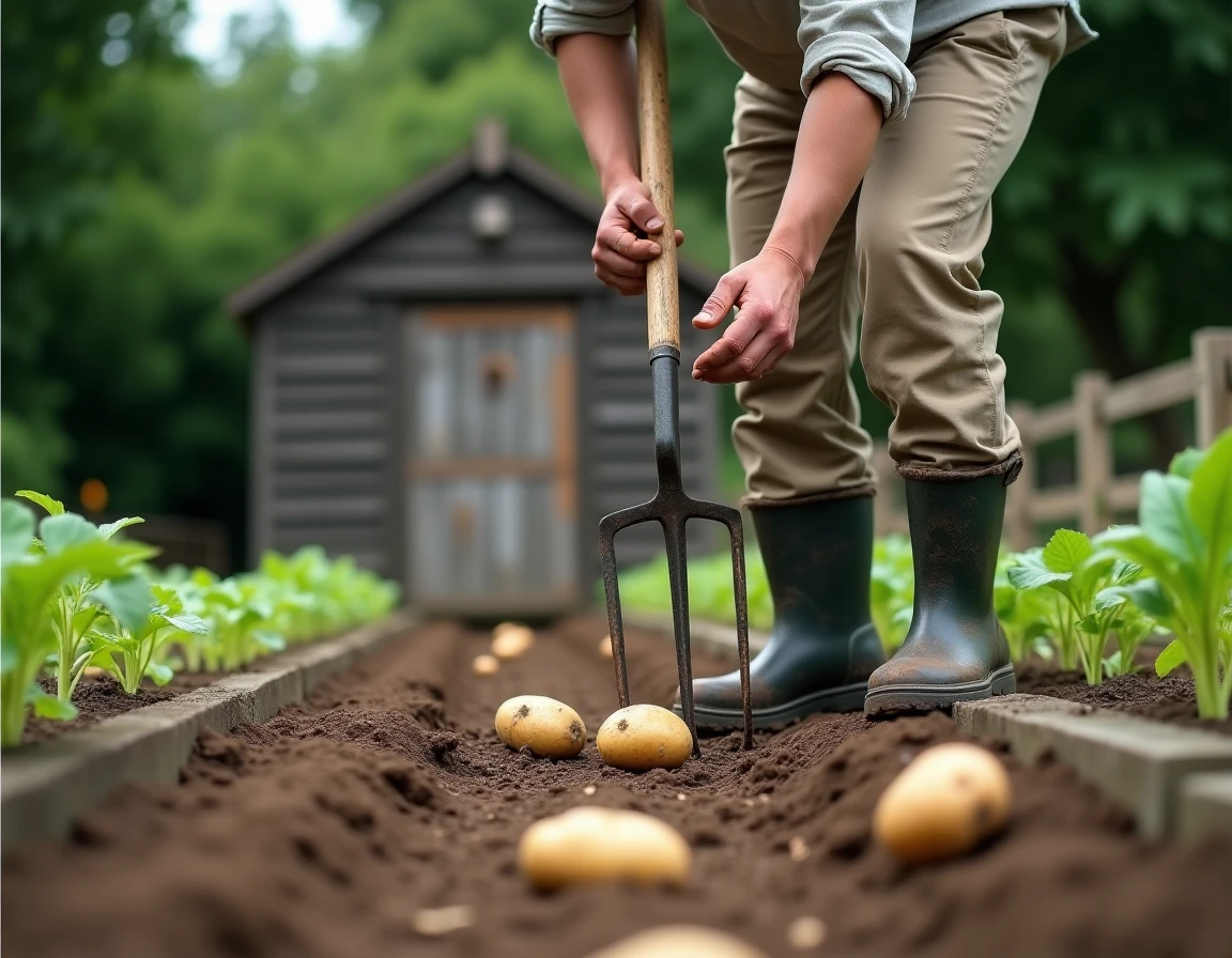 Homme utilisant une fourche de jardin pour déterrer des pommes de terre dans un potager