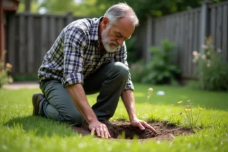 Homme d'âge moyen inspectant un trou dans le sol du jardin