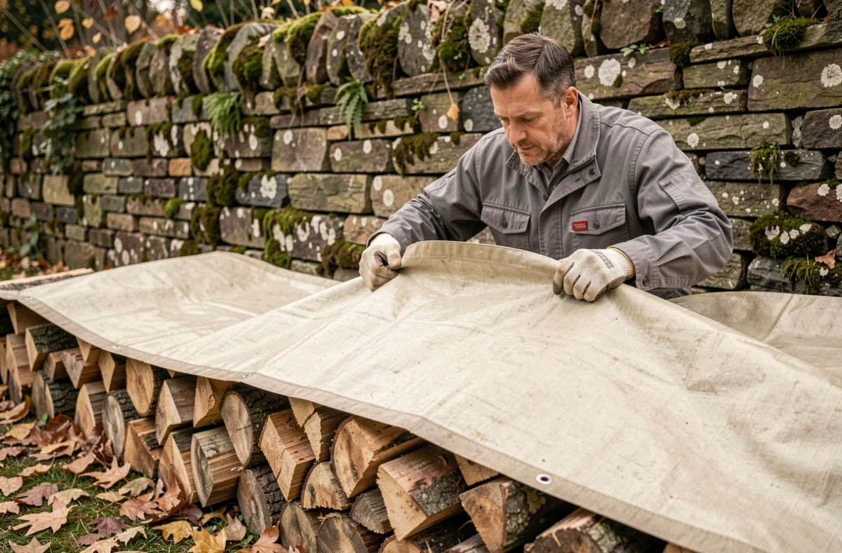 Homme installant une bâche renforcée beige sur un tas de bois dans un jardin en automne