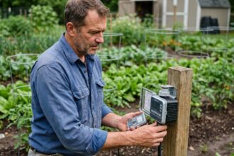 Homme ajustant un programmateur d'irrigation dans un jardin