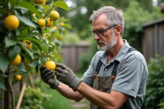 Homme d'âge moyen examine un citronnier dans le jardin