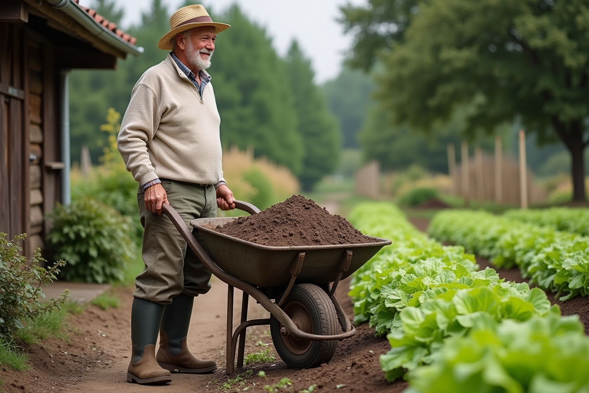 Homme âgé avec brouette de compost dans un potager rural