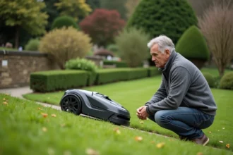 Homme observant un robot tondeuse sur une pente verte