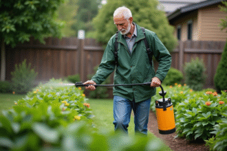 Homme d'âge moyen arrosant ses plantes dans un jardin