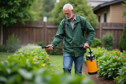 Homme d'âge moyen arrosant ses plantes dans un jardin