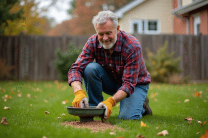 Homme d'âge mûr appliquant de l'engrais dans son jardin automnal