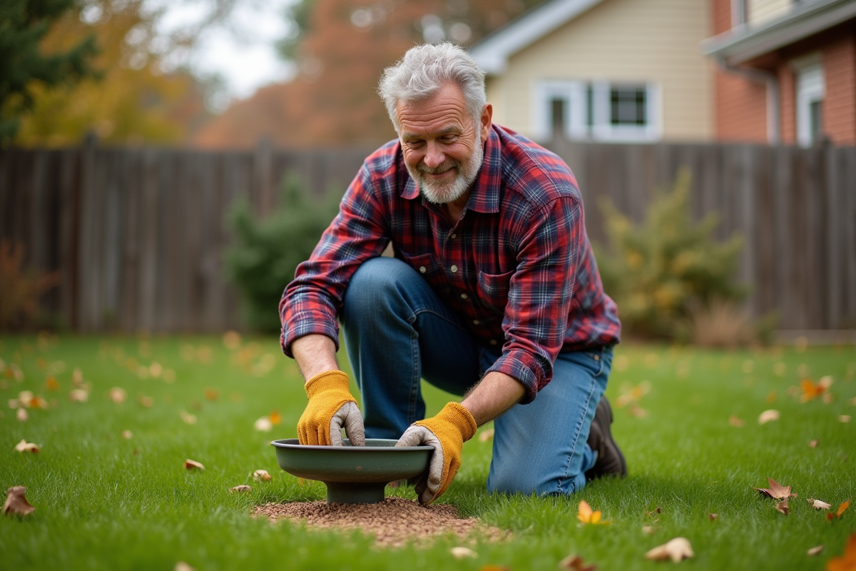 Homme d'âge mûr appliquant de l'engrais dans son jardin automnal