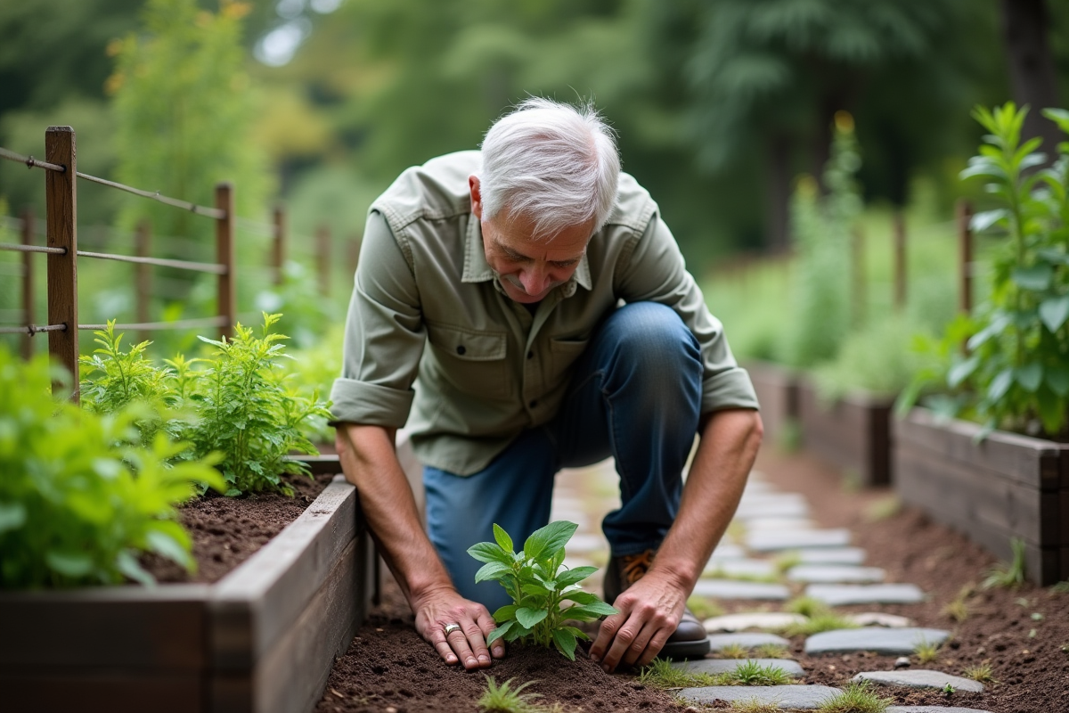 Homme âgé plante des herbes dans un jardin communautaire