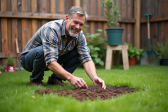 Homme souriant en jardinage avec herbes naturelles