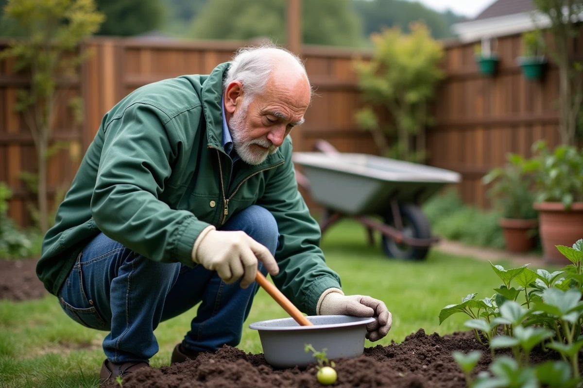 Homme âgé remue solution dans un bac en jardinage