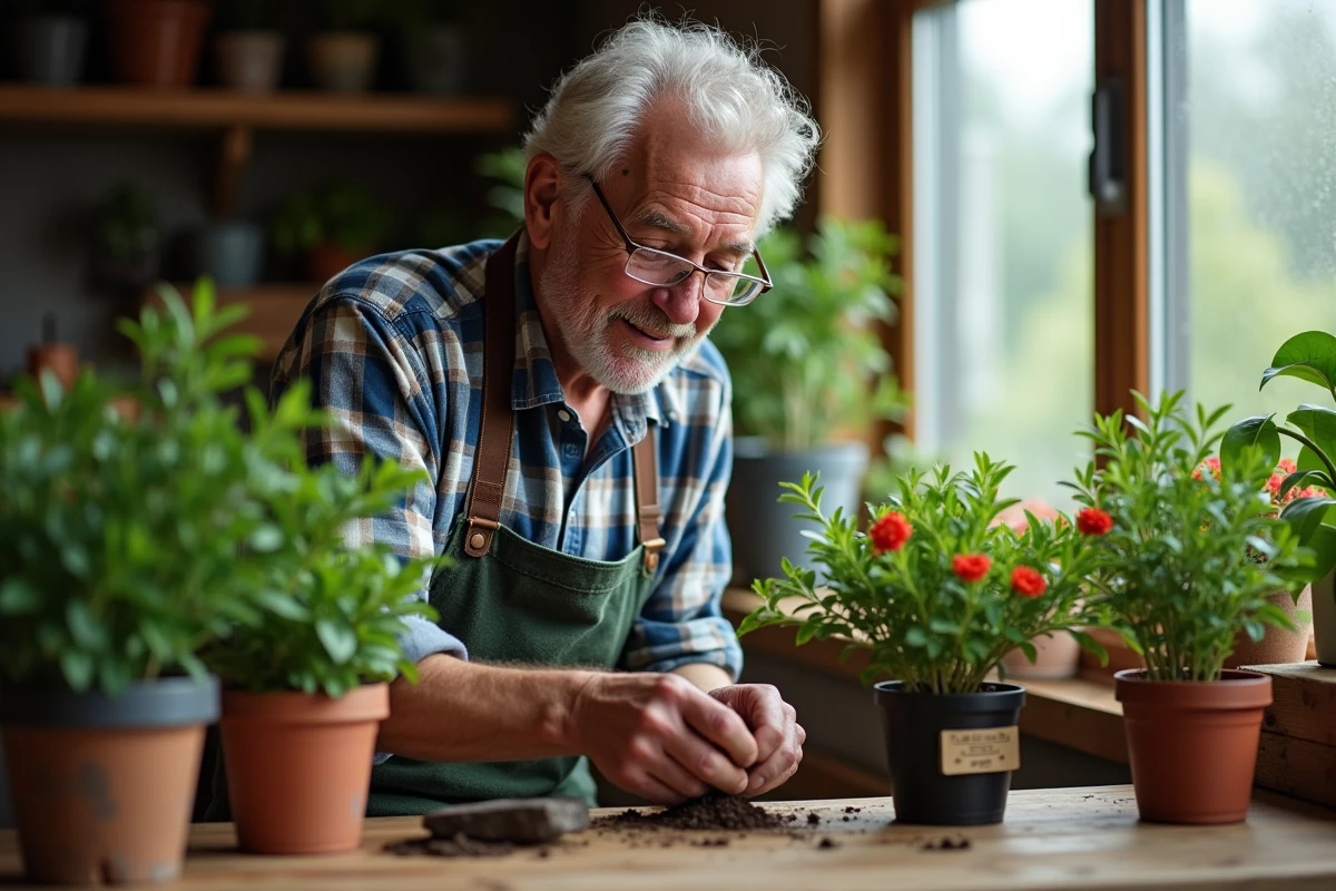 Homme âgé préparant des plantes sur un établi intérieur