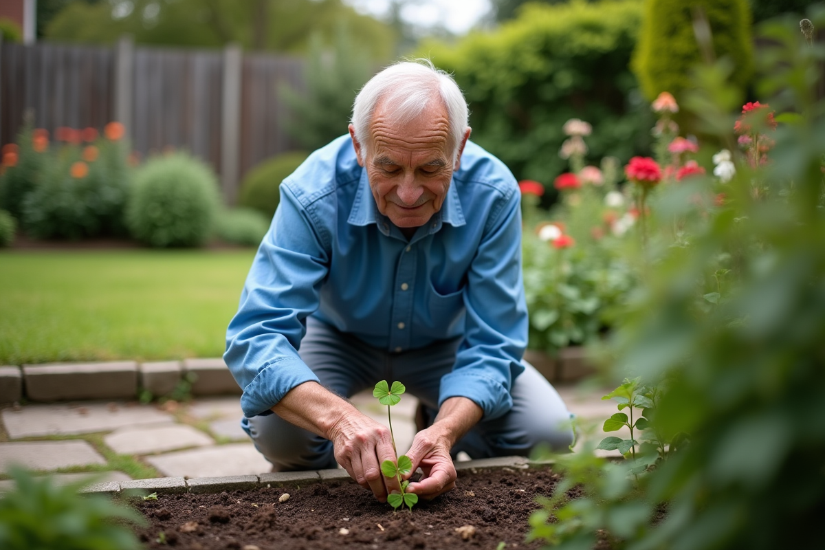 Homme âgé plantant un trèfle dans son jardin