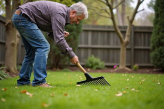 Homme d'âge moyen avec râteau dans le jardin