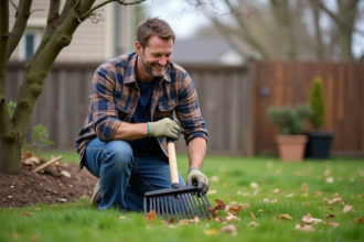 Homme d'âge moyen en jeans et chemise à carreaux nettoyant le jardin