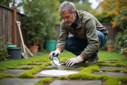 Homme appliquant du bicarbonate sur la mousse dans le jardin
