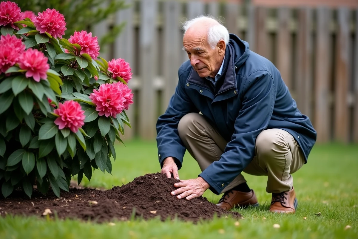 Homme âgé étalant du paillis autour d’un rhododendron