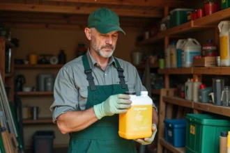Homme en tenue de travail inspectant un bidon de glyphosate dans un atelier