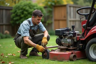 Homme en overalls inspectant une débroussailleuse dans un jardin