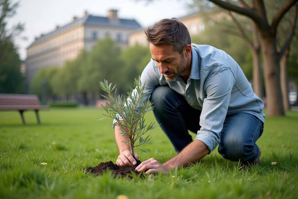 Homme plantant un olivier dans un parc urbain