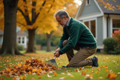Homme d'âge moyen ratisant des feuilles d'automne dans un jardin